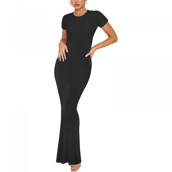 Women's Elegant Slim-fit Short-sleeved Round Neck Dress — Black