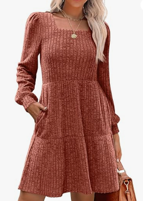 Solid Color Round Neck Knitted Dress Sweater — Orange Red