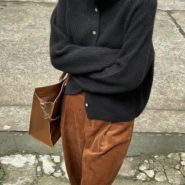 Thin Bedford Cord Sweater Idle Style Single-breasted Loose Solid Color Knitted Cardigan Women's Clothes — Black