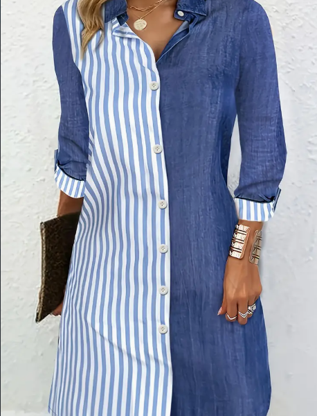 Stylish Striped Print Color Block Shirt Dress - Versatile Long Sleeve For Chic Spring & Fall Looks - Comfortable Womens Clothing For Everyday Wear — Blue