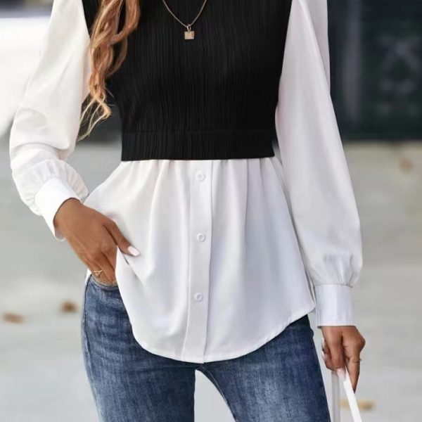 Wavy Stripes Stitching Fashion Temperament Blouse — Black