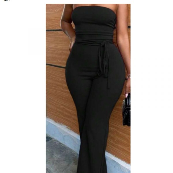 Casual Solid Wine Red Strapless Jumpsuit With Wide Leg For Women - E — Black