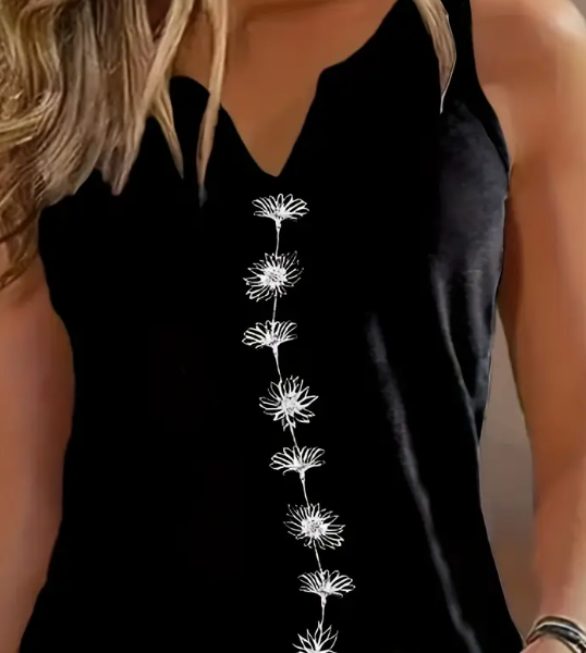 Floral Print Tank Top, Casual Notch Neck Summer Sleeveless Top, Women's Clothing — Black