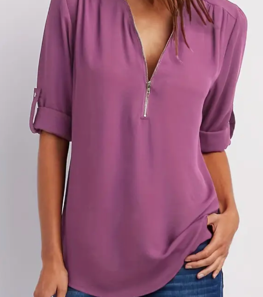 Ruched Half Zip Solid V Neck Casual Blouse, Rollable Sleeve Women's Clothing — Purple