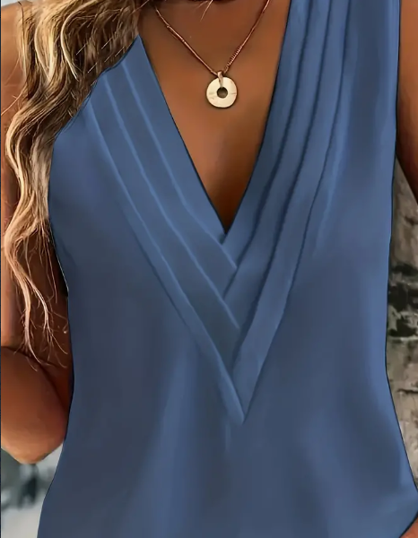 Ruched V Neck Blouse, Casual Sleeveless Solid Versatile Blouse, Women's Clothing — Sea Blue