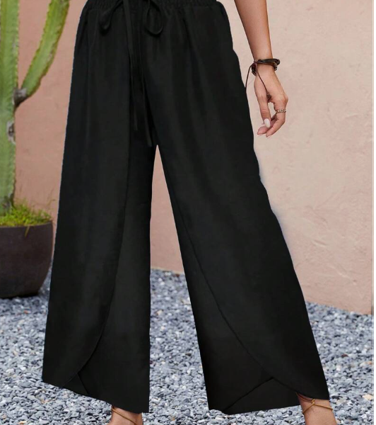 Stylish Shirred Waist Wide Leg Pants - Women's Clothing - Comfortable Vacation Style Layered Pants For Spring & Summer With Elastic Waistband And Flowy Design For A Flattering Fit — Black