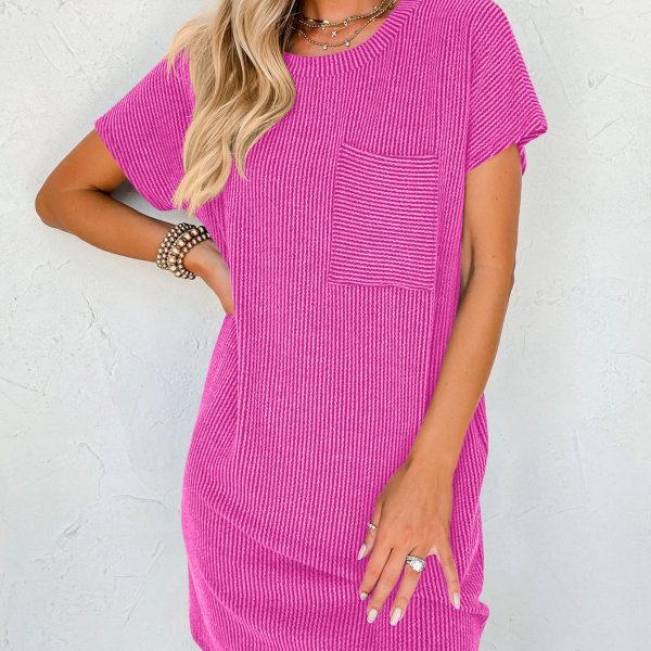 Striped Short Sleeve Pocket Dress Women — Rose Red