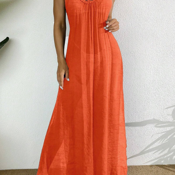 Swim Women Summer Holiday Hollow Out Dress With Halter Neck — Orange