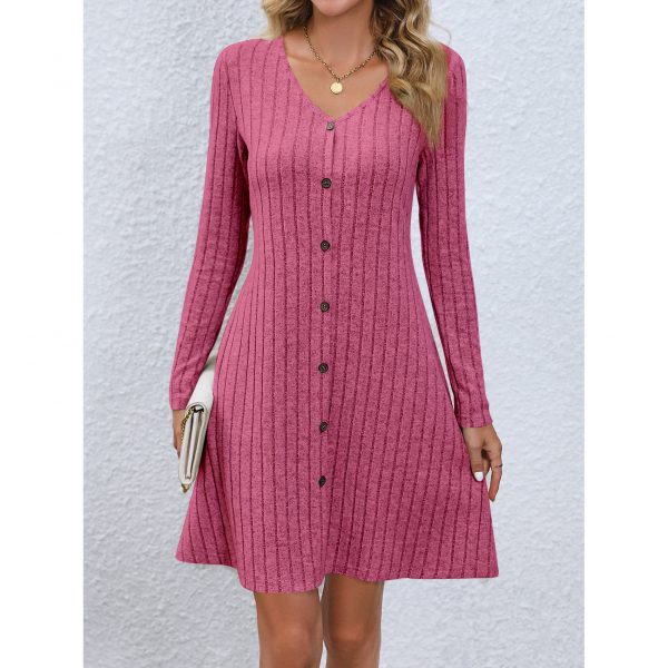 Women's Fashion Button Waist Long Sleeve Dress — Rose Red