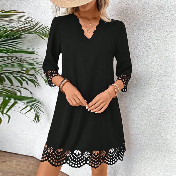 Lace Burning Flower A- Line V-neck Long-sleeve Dress — Black