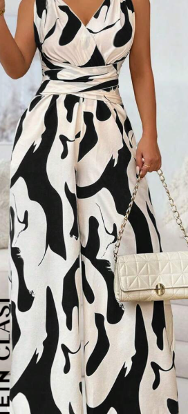 Women's Fashionable Random Print Backless Jumpsuit — Black