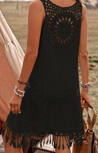 Holidaya Back Patchwork Lace Hawaiian Style Women's Casual Dress, Summer — Black