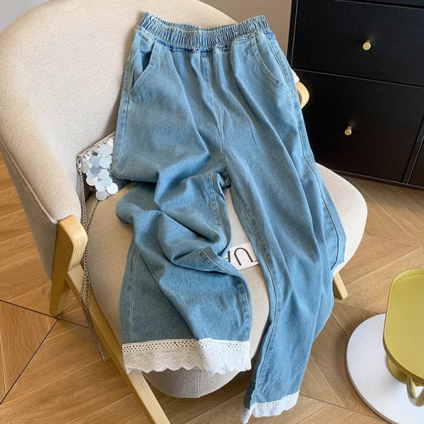 Sweet Style Elastic Waist Splicing Lace Lace Hollow Denim Nine-point Pants For Women — Blue