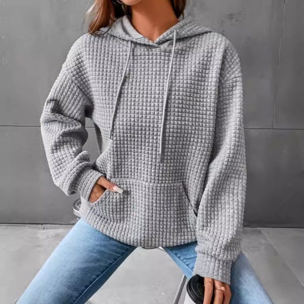 Small Plaid Pocket Long Sleeved Solid Color Top Hoodie — Grey