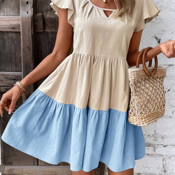 Colorblock Keyhole Neckline Ruffle Hem Smock Dress — Blue