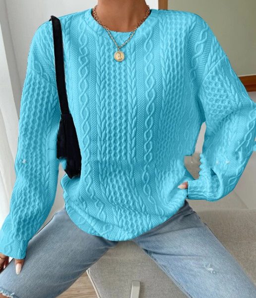 Women's Casual Jacquard Oversized Round Neck Hoodie — Blue