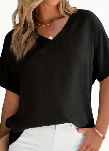 Solid Versatile Blouse, Casual V Neck Short Sleeve Blouse, Women's Clothing — Black