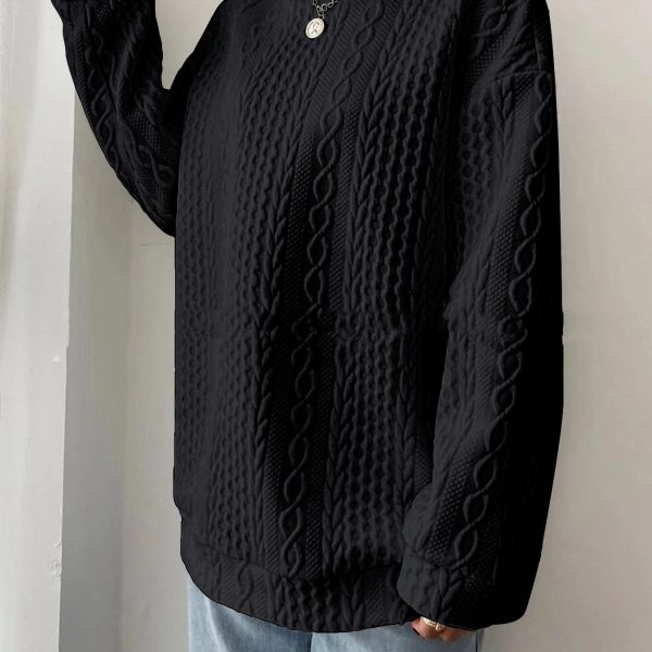 Women's Casual Jacquard Oversized Round Neck Hoodie — Black