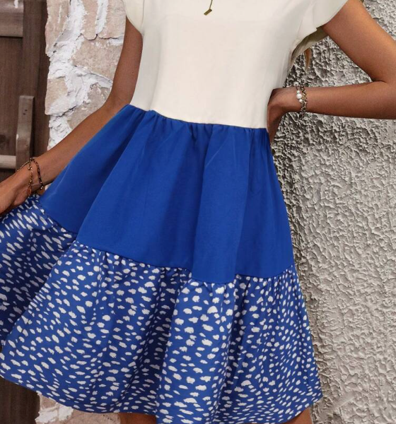 Color Block Dalma Print Frilly Dress — Blue