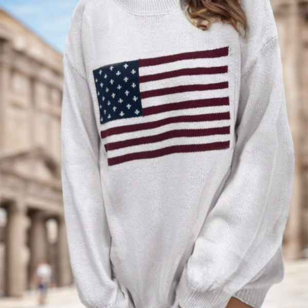 Usa Flag Design Drop Shoulder Sweater,Long Sleeve Tops — White