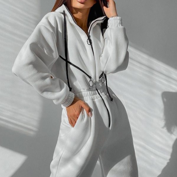 Sports And Casual Women's Hooded Jumpsuit — White