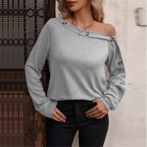 Women's Stylish Buttoned Off Shoulder Long Sleeve Top — Grey