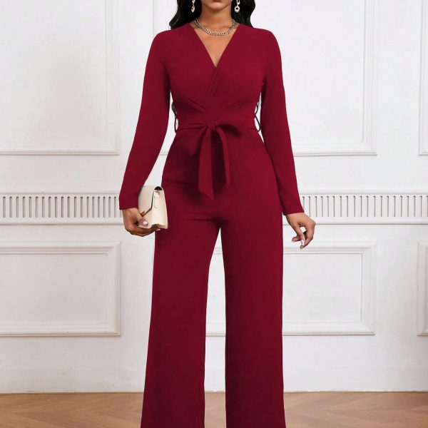 Simple And Stylish, Elegant Commuting Jumpsuit, Long Sleeve Straight Jumpsuit, V-neck, Cross Pleated, Tie-up Casual Jumpsuit, For Everyday Wear. — XS