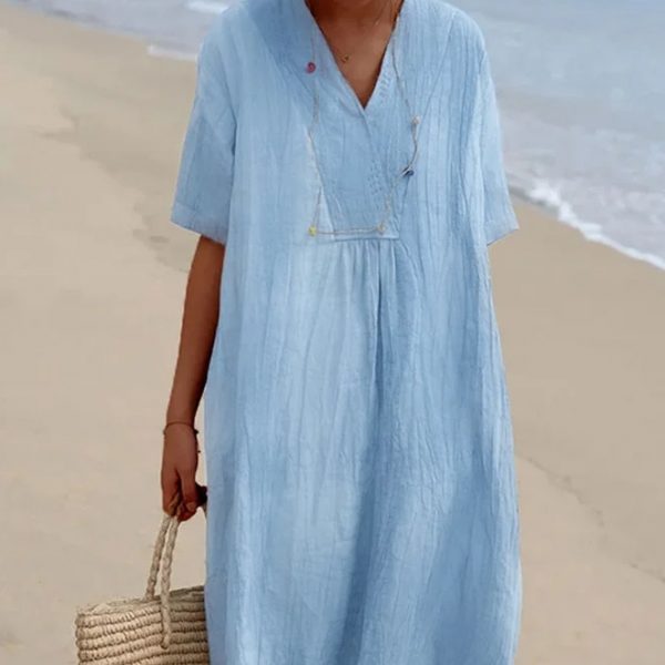 Women's Casual Cotton And Linen Dress — Blue