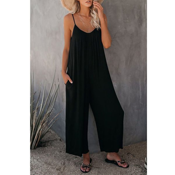 Women's Fashion Solid Color Pocket Loose Casual Sling Jumpsuit — Black