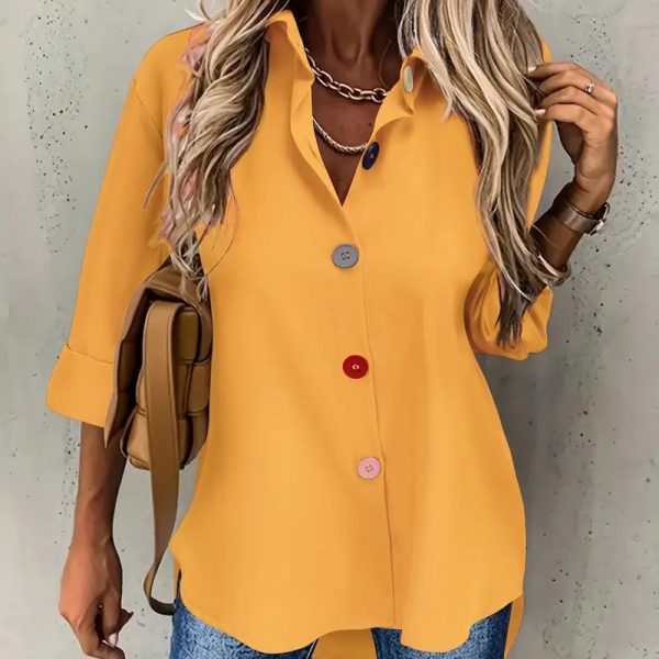 Casual Women's Solid Color Buttons Long Sleeve Shirt Top — Yellow