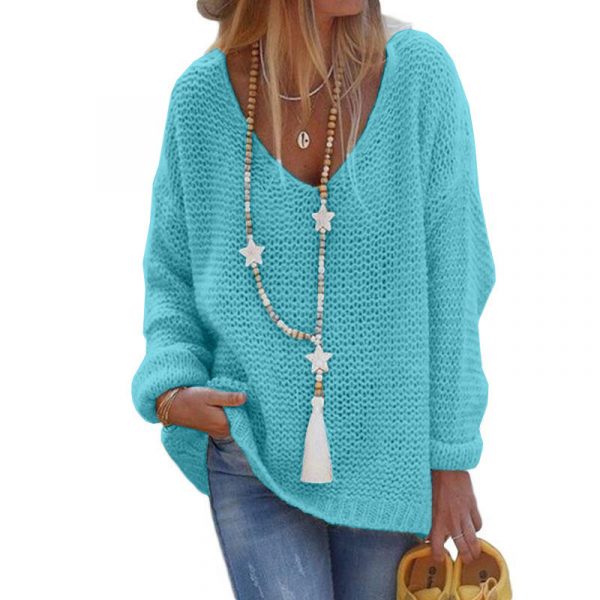 V-neck Long Sleeve Knit Top — Light blue