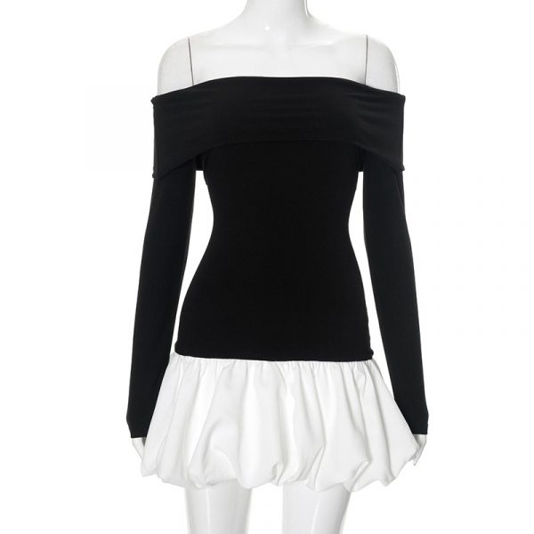 Women's Off-shoulder Long Sleeve Stitching Dress — Black And White Contrast Color