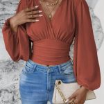 V-neck Sleeve Solid Color Pleated Women's Long-sleeved Top — Brick Red