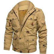 Winter Zip-up Coat Warm Thickened Detachable Hooded Jacket Multi-pocket  Button Drawstring Long Sleeve Tops Men's Cargo Clothing — Khaki - Image 7