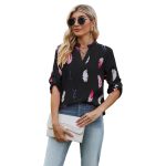 V-neck Feather Printed 34 Sleeves Loose Shirt — Black