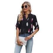 V-neck Feather Printed 34 Sleeves Loose Shirt — Black