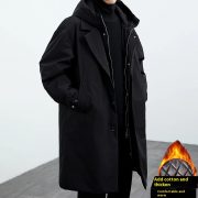 Coat Coat Men's False Two Pieces Hooded Mid-length Trench Coat — FY001 Black - Image 6