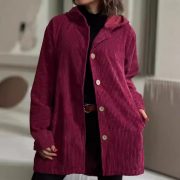 Women's Corduroy Hooded Jacket Fashion Warm Pockets Button Mid-length Top Casual Fall Winter Outwear Clothing — Black - Image 13