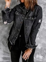 Female Creative Perforated Denim Long Sleeved Shirt — Black - Image 7