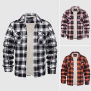 Fleece Lined Men's Jacket Long Sleeve Lapel Plaid — Khaki Grid - Image 15