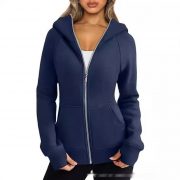 Women's Zipper Short Hood Fleece Lined Solid Color Hoodie Sweater — Army Green - Image 2