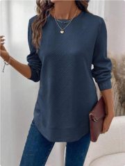 Women's Crew Neck Casual Long Sleeve Shirt — Khaki - Image 8