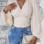 V-neck Sleeve Solid Color Pleated Women's Long-sleeved Top — Beige