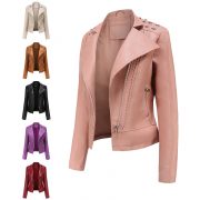 Beaded Leather Women's Long-sleeved Fashion Jacket Lapel Motorcycle Clothing Thin Women's Jacket — Beige - Image 2