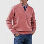 Men's Stand Collar Zipper Sweater Winter Fashion Solid Color Long Sleeve Knitted Top Clothing — Pink