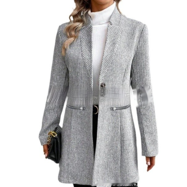 0e209878_839f0d7e-3985-429d-aca0-626b59dd72e1_fine European And American Leisure Vertical Pattern Women's Woolen Jacket Zipper — Light Gray - Image 1
