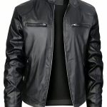 Men's Stand-up Collar Leather Jacket Business Casual Jacket — Black