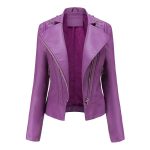 Beaded Leather Women's Long-sleeved Fashion Jacket Lapel Motorcycle Clothing Thin Women's Jacket — Purple