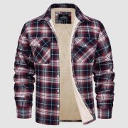 Fleece Lined Men's Jacket Long Sleeve Lapel Plaid — Khaki Grid - Image 10