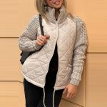 Winter Stand Collar Cotton Jacket With Pockets Fashion Knitted Stitching Zipper Coat Warm Tops For Women Clothing — Khaki